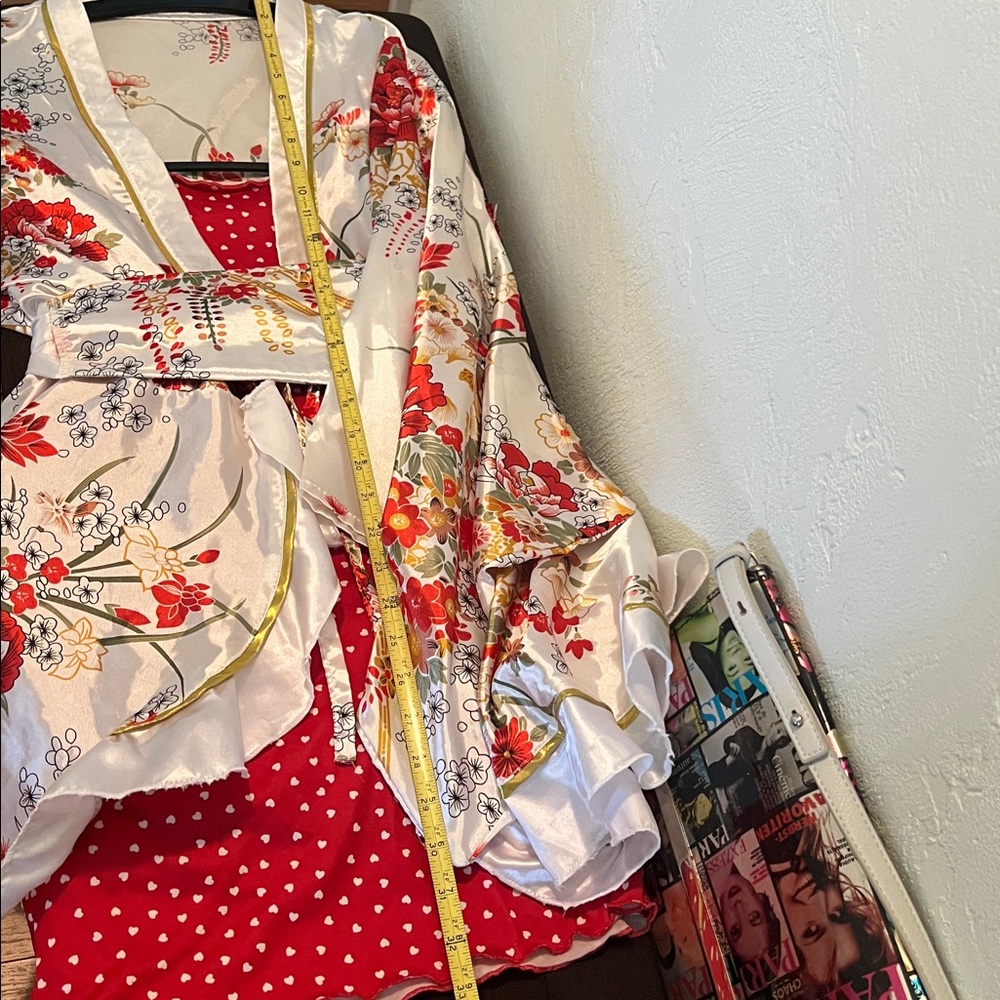 # 0590+ Japanese Floral Kimono Robe with Floral Red Heart Dot Dress Set. - Picture 3 of 9